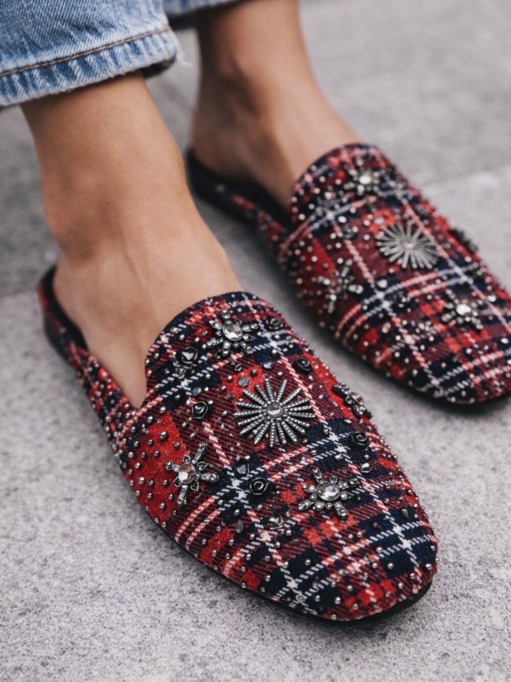 Red Plaid Embellished Slip-On Mules NWT